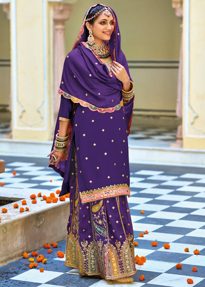 Indigo Purple Chinnon Silk Plazzo Suit with Heavy Embroidery work