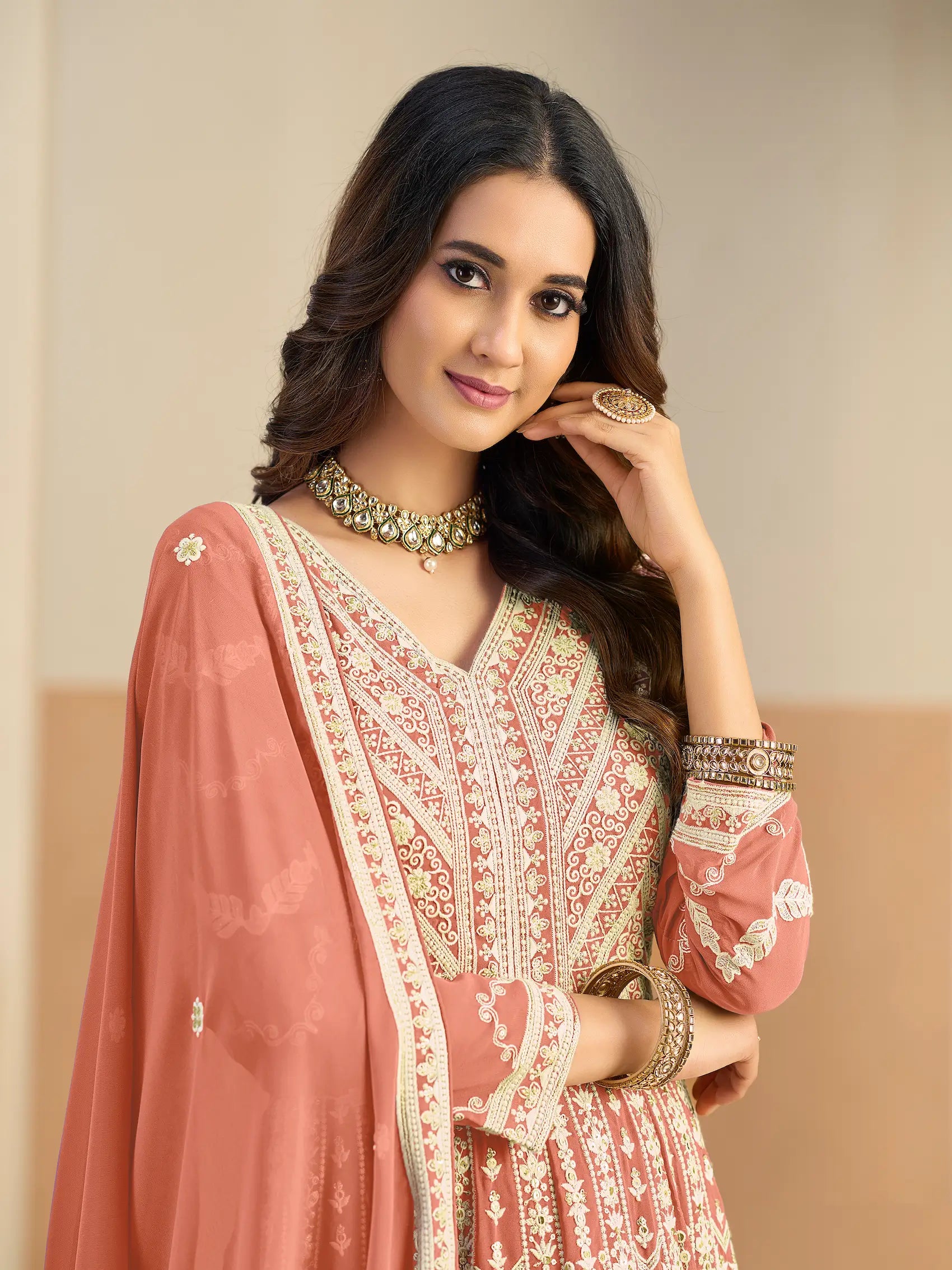 Peachy Orange Georgette Embroidery Gown