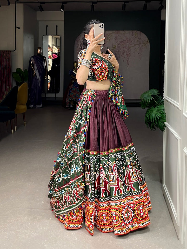 Brown Dola Silk Patola Print With Gamthi Work and Mirror Work Lace Border Lehenga