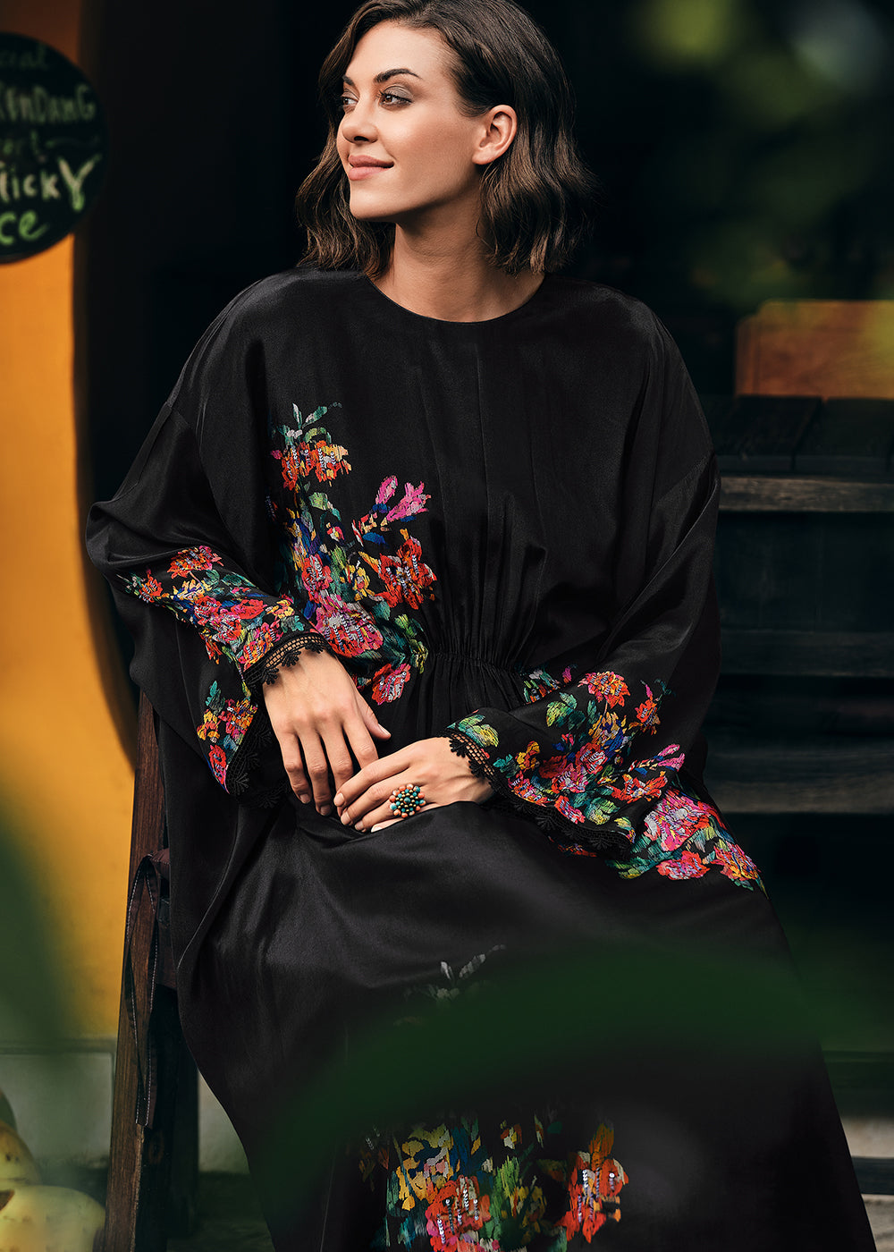 Midnight Black Digitally Printed Viscose Crepe Designer Straight Suit