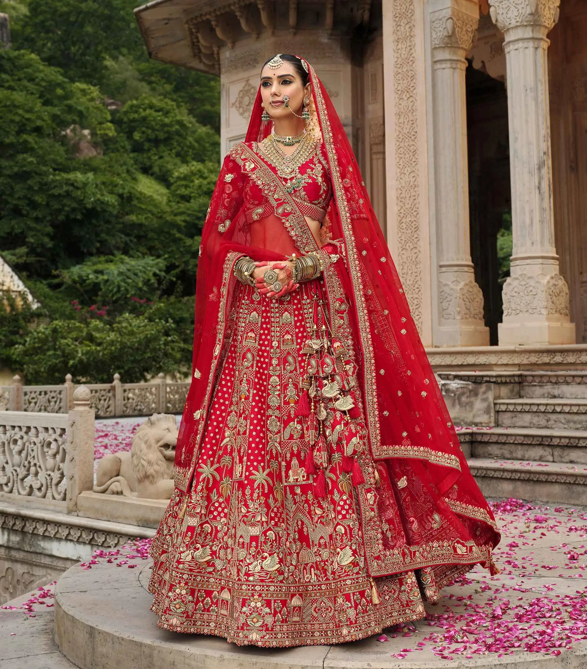 Cornel Red Bridal Lehenga Khatli Embroidery & 2 Dupatta - qivii