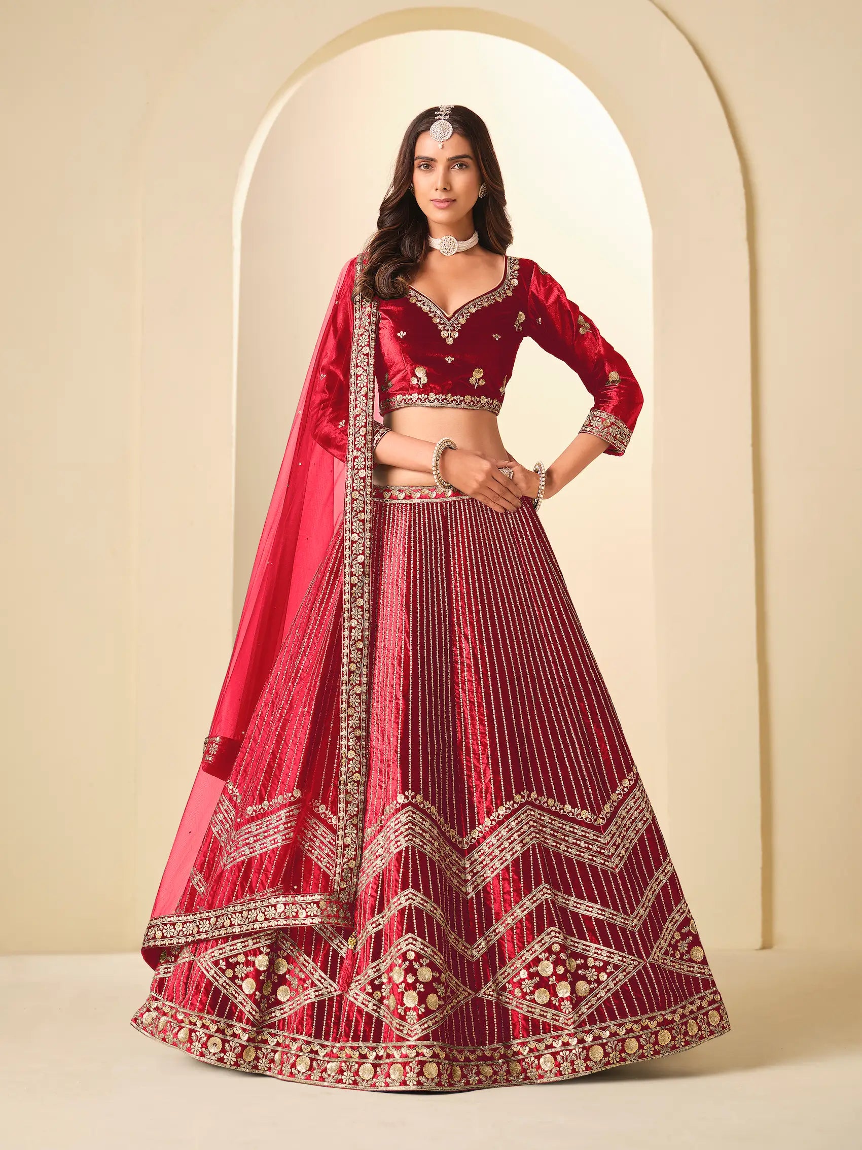 Chili Red Velvet Lehenga Choli With Embroidery