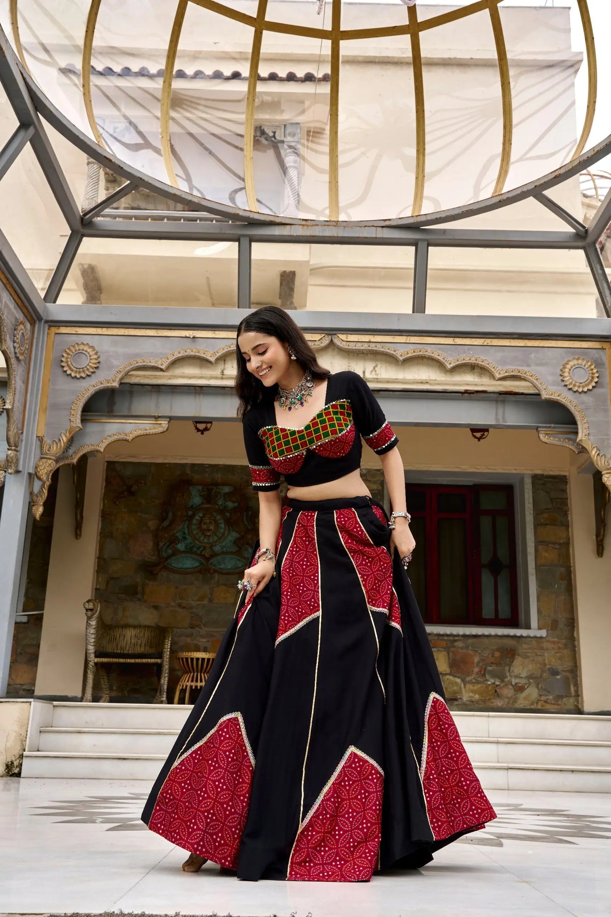 6 Meter Flair | Black Garba Chaniya Choli With Ajrakh Patch Work