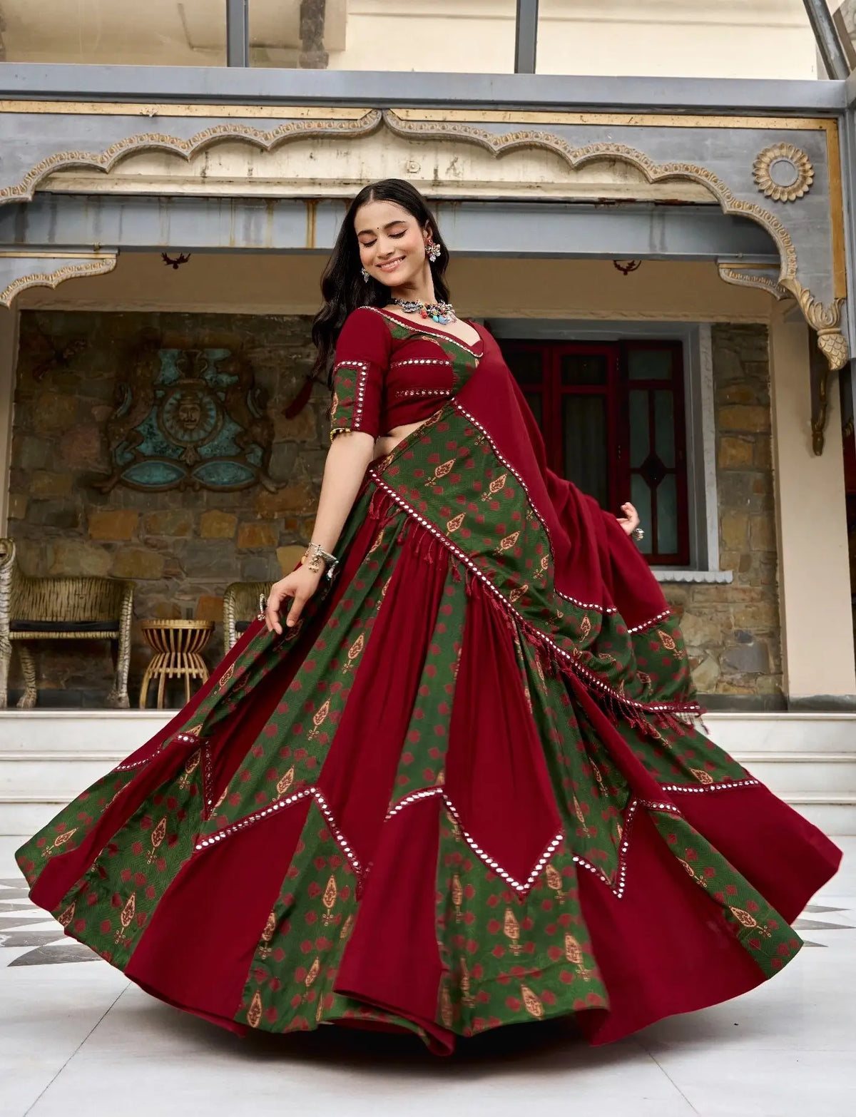 6 Meter Flair | Maroon Garba Chaniya Choli With Ajrakh Patch Work
