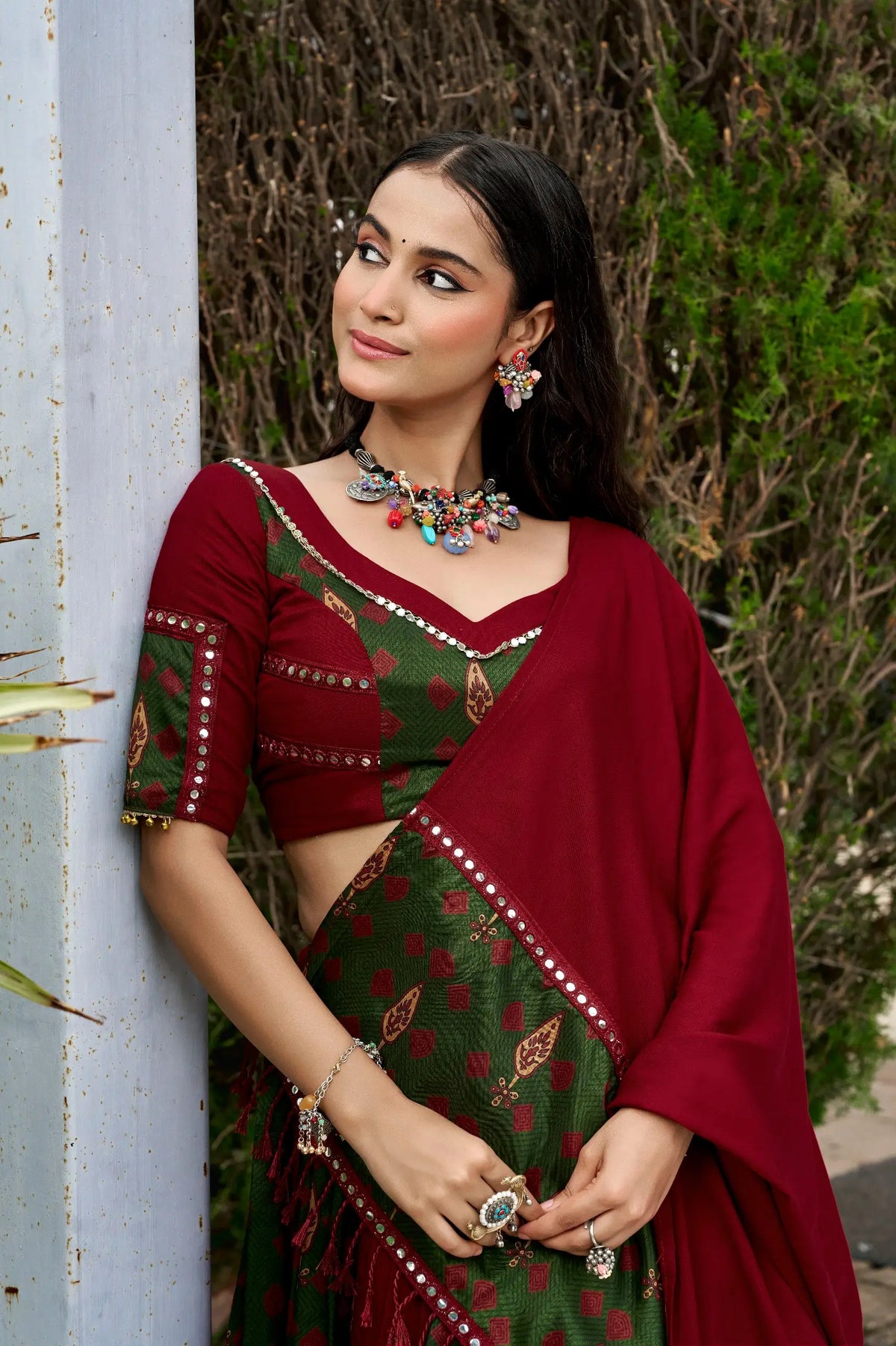 6 Meter Flair | Maroon Garba Chaniya Choli With Ajrakh Patch Work