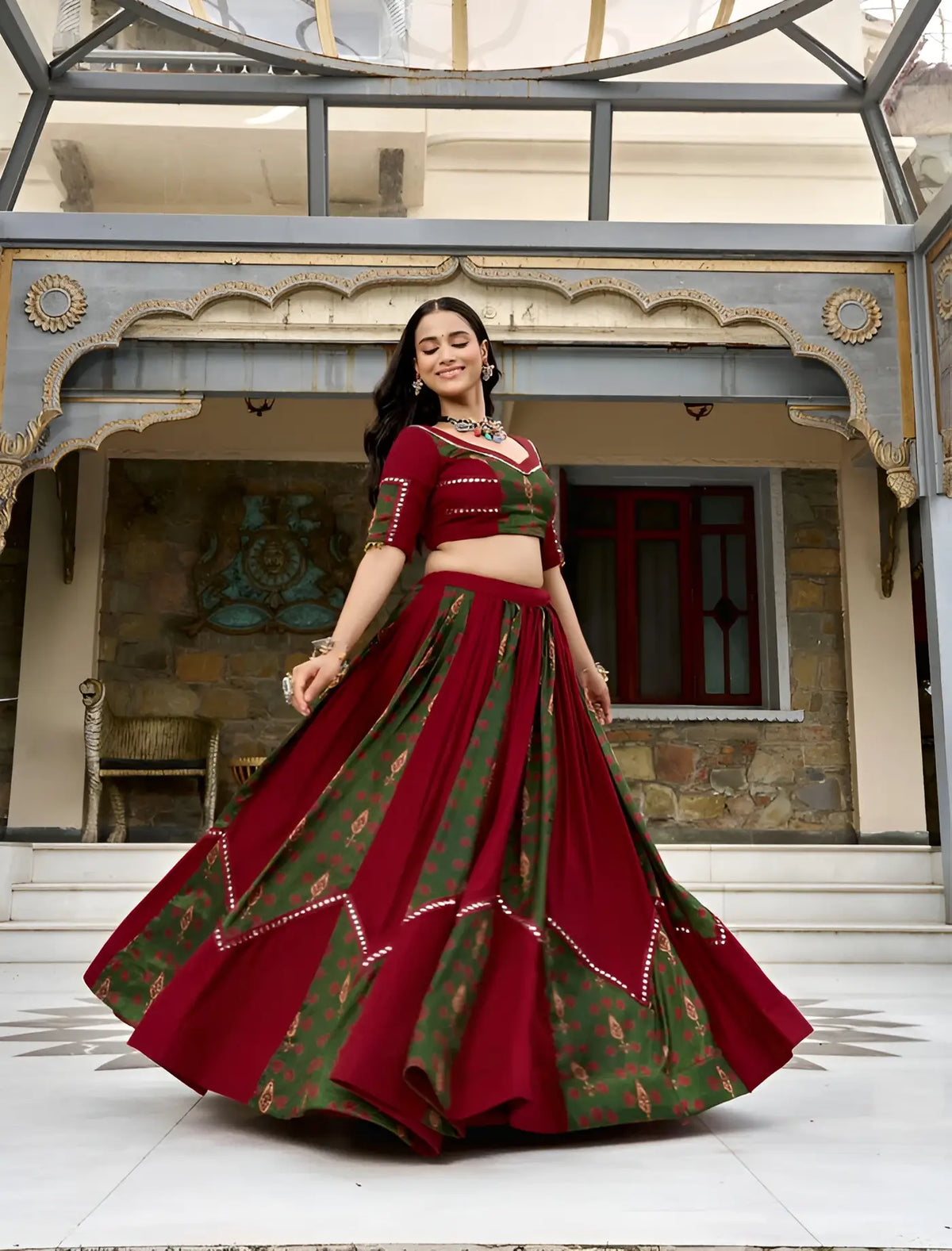 6 Meter Flair | Maroon Garba Chaniya Choli With Ajrakh Patch Work