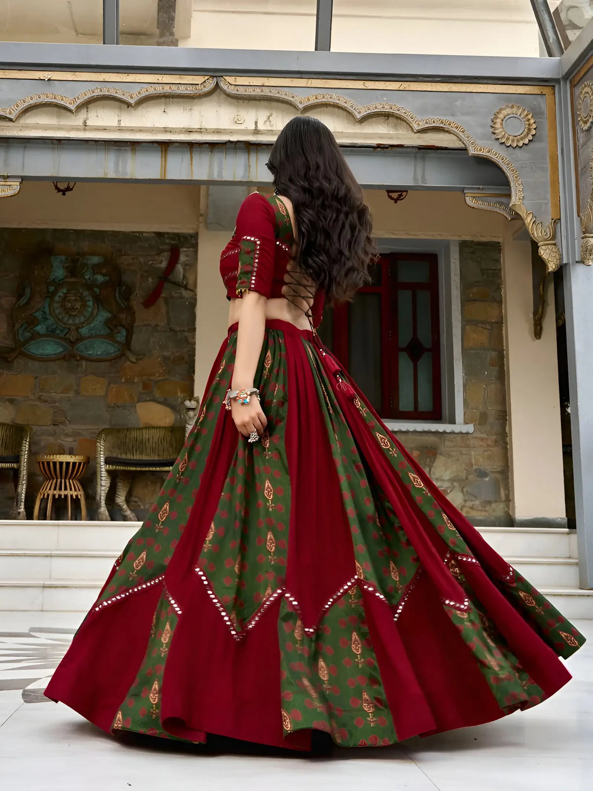 6 Meter Flair | Maroon Garba Chaniya Choli With Ajrakh Patch Work