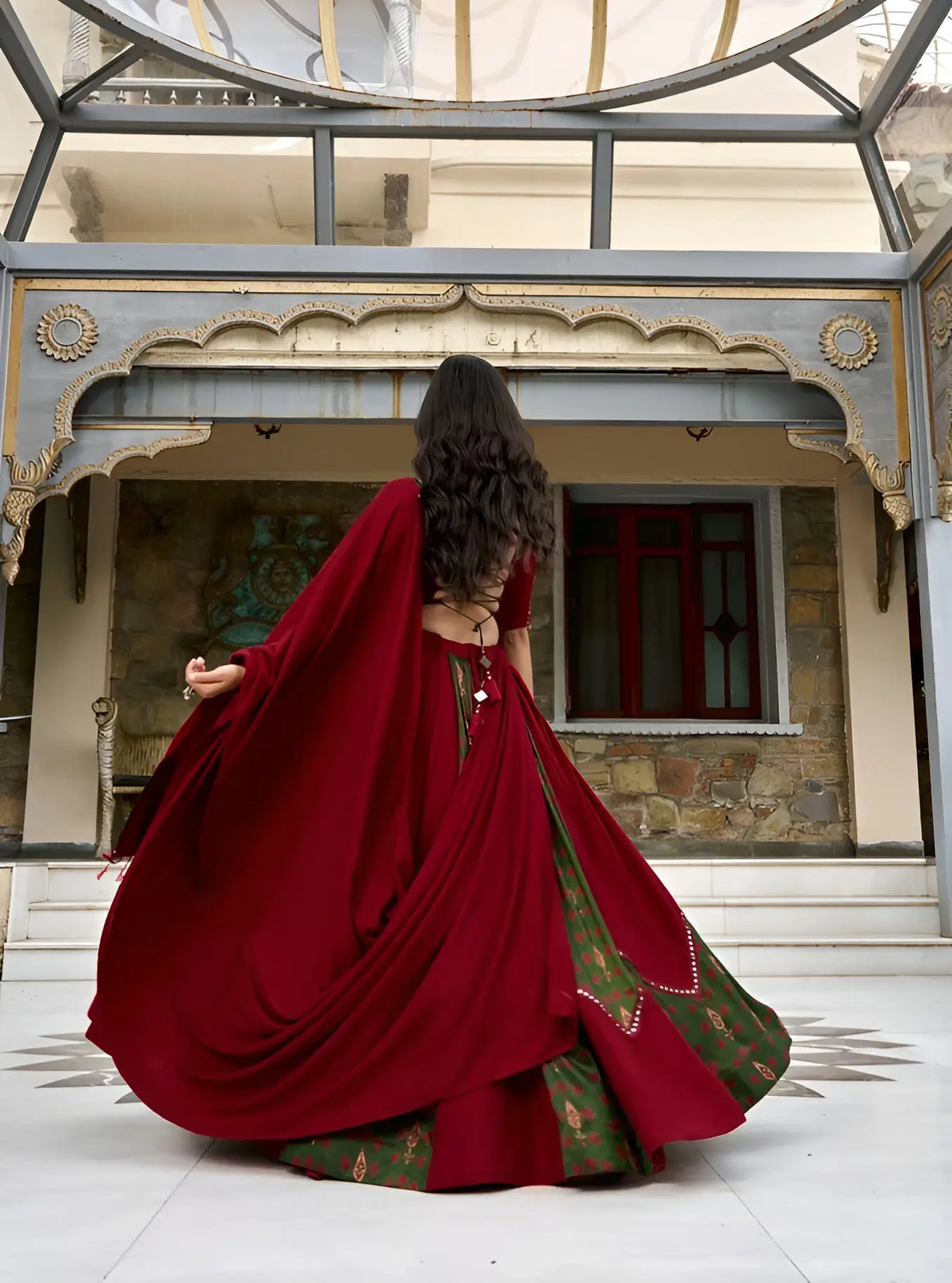 6 Meter Flair | Maroon Garba Chaniya Choli With Ajrakh Patch Work