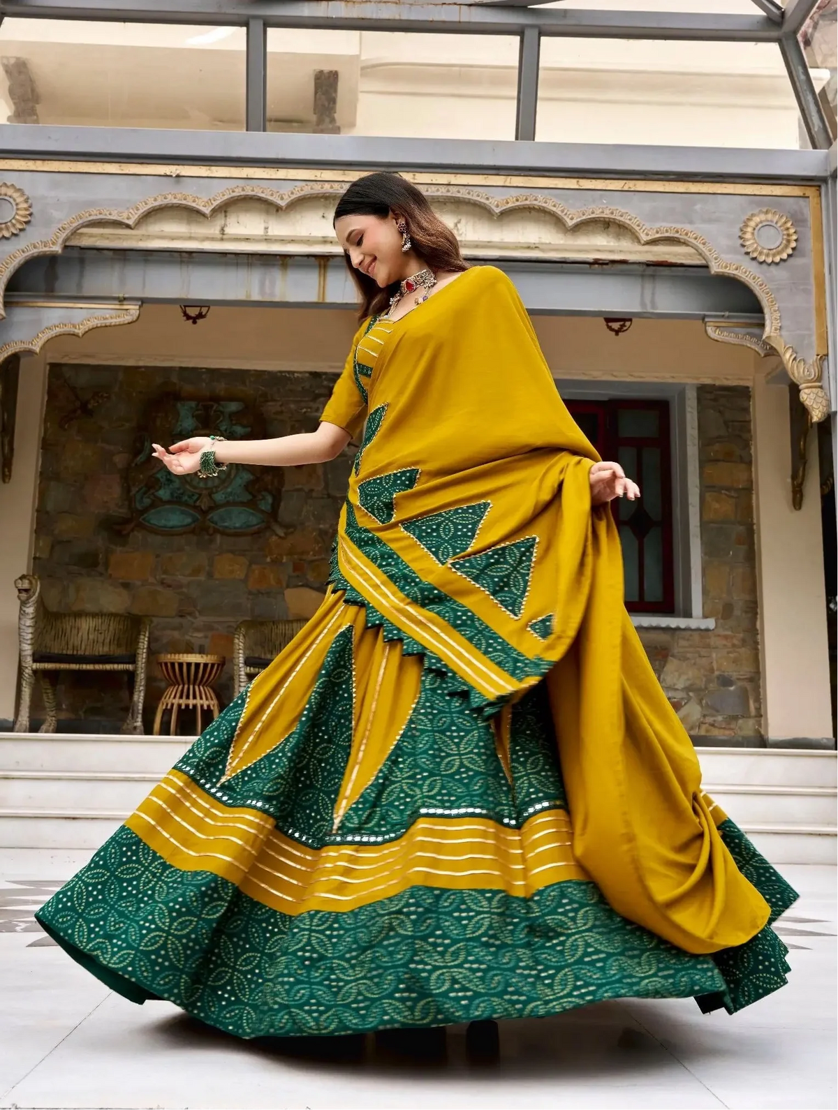 6 Meter Flair | Mustard Garba Chaniya Choli With Ajrakh Patch Work