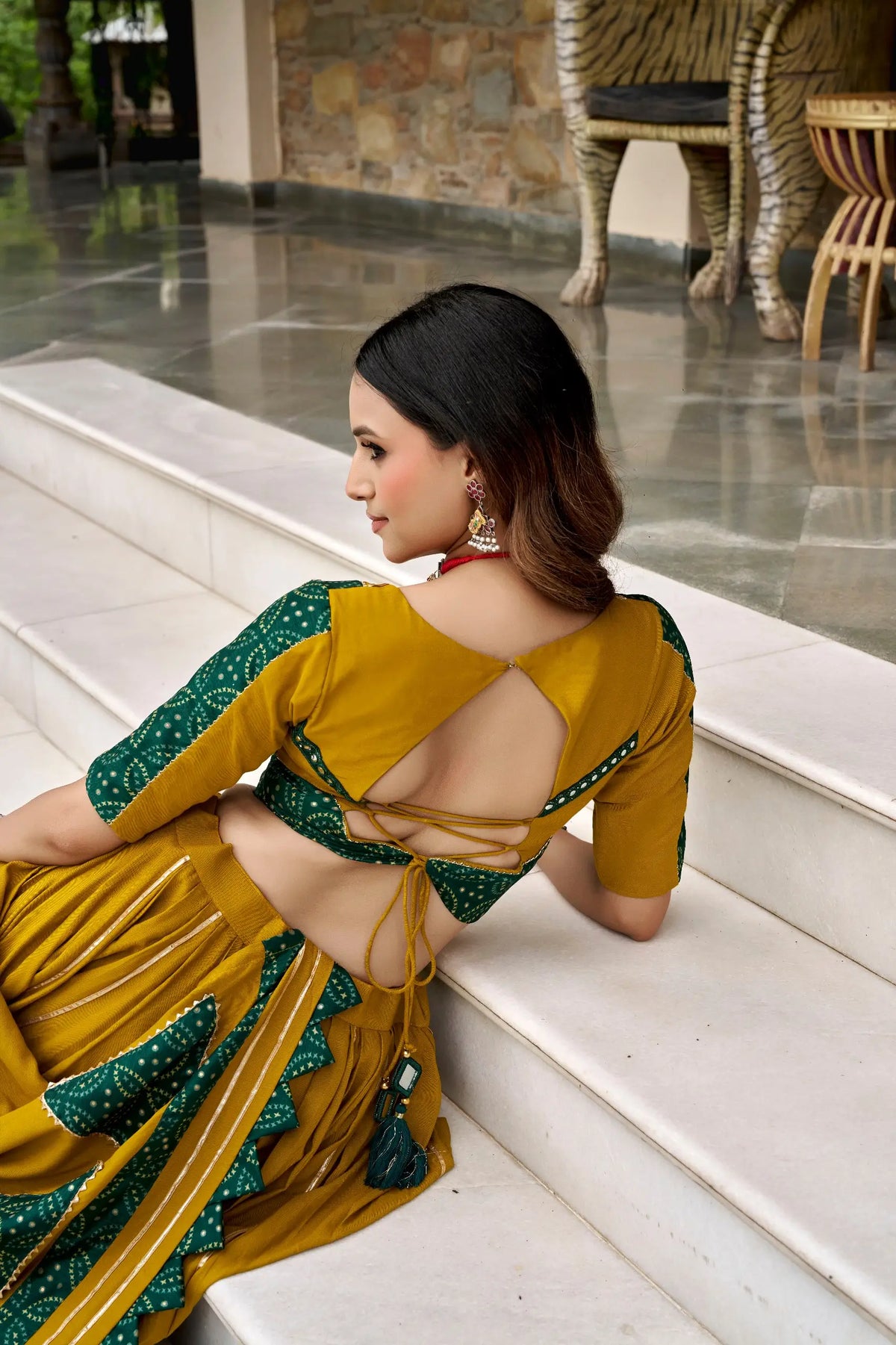6 Meter Flair | Mustard Garba Chaniya Choli With Ajrakh Patch Work