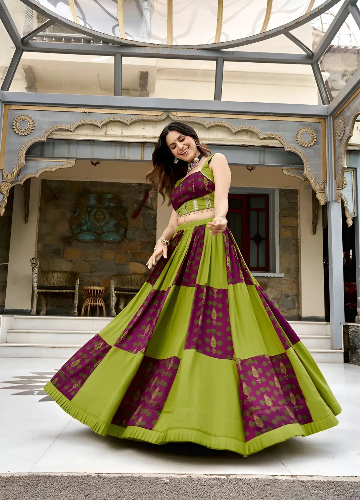 6 Meter Flair | Parrot Green Garba Chaniya Choli With Ajrakh Patch Work