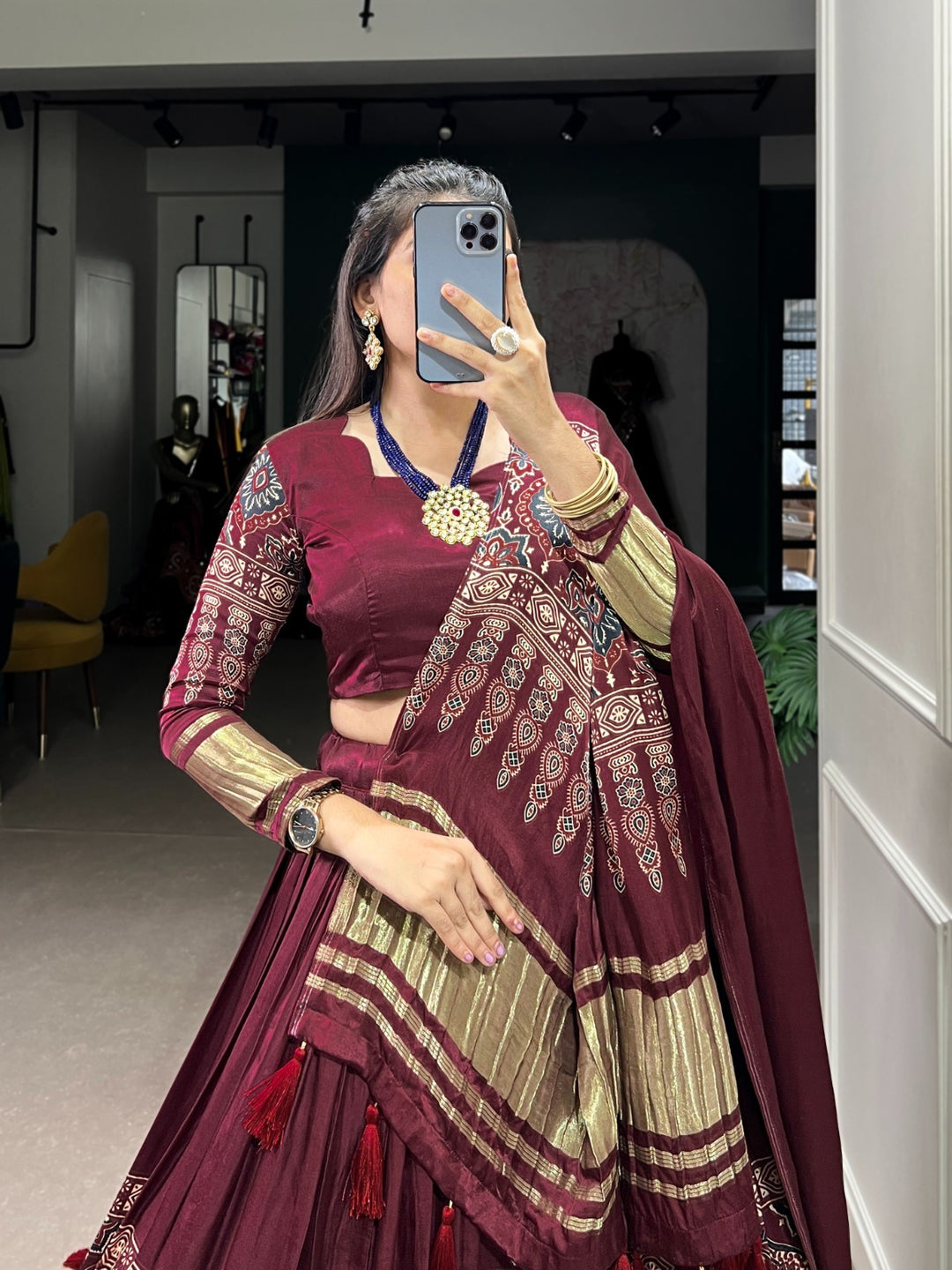 Maroon Gaji Silk Digital Print With Lagadi Patta Lehenga