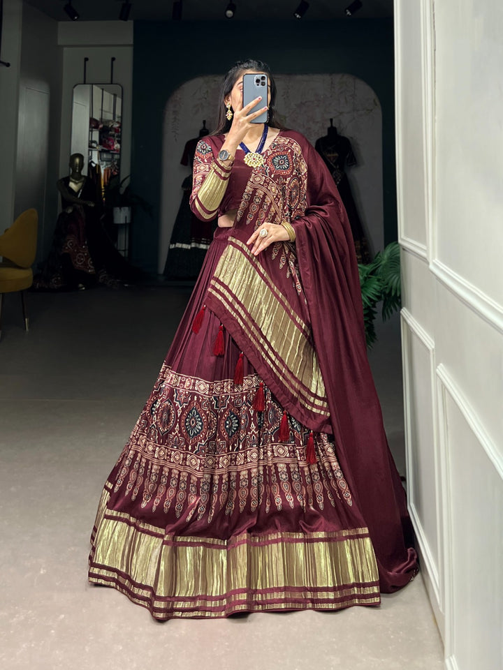 Maroon Gaji Silk Digital Print With Lagadi Patta Lehenga