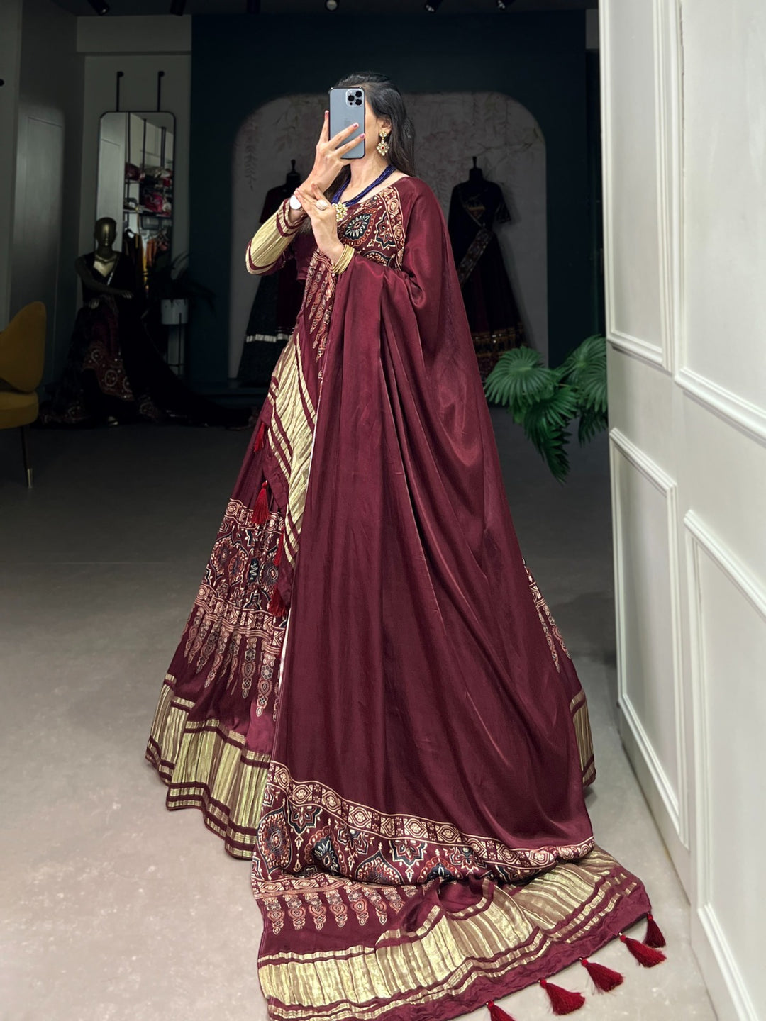 Maroon Gaji Silk Digital Print With Lagadi Patta Lehenga