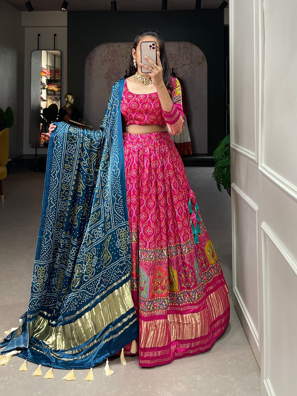 Pink Gaji Silk Digital Print With Lagadi Patta Lehenga