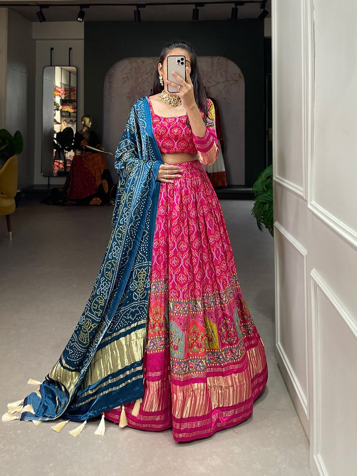 Pink Gaji Silk Digital Print With Lagadi Patta Lehenga