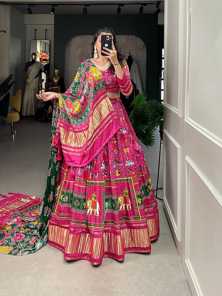 Red Pink Gaji Silk Digital Print With Lagadi Patta Lehenga