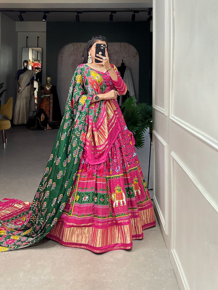 Red Pink Gaji Silk Digital Print With Lagadi Patta Lehenga