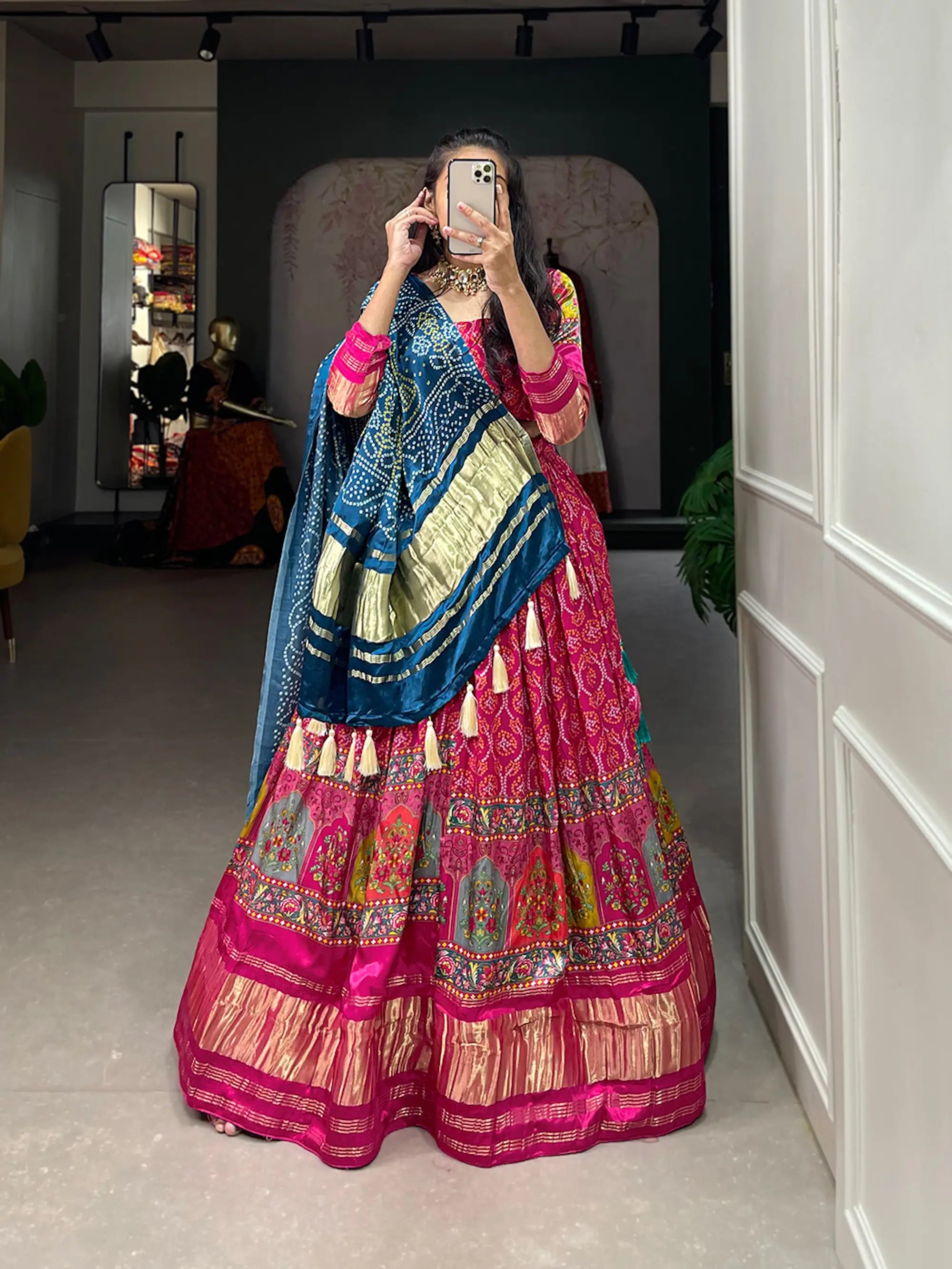 Dark Pink Traditionally Printed Gaji Silk Lehenga Choli | Ready To Wear - qivii