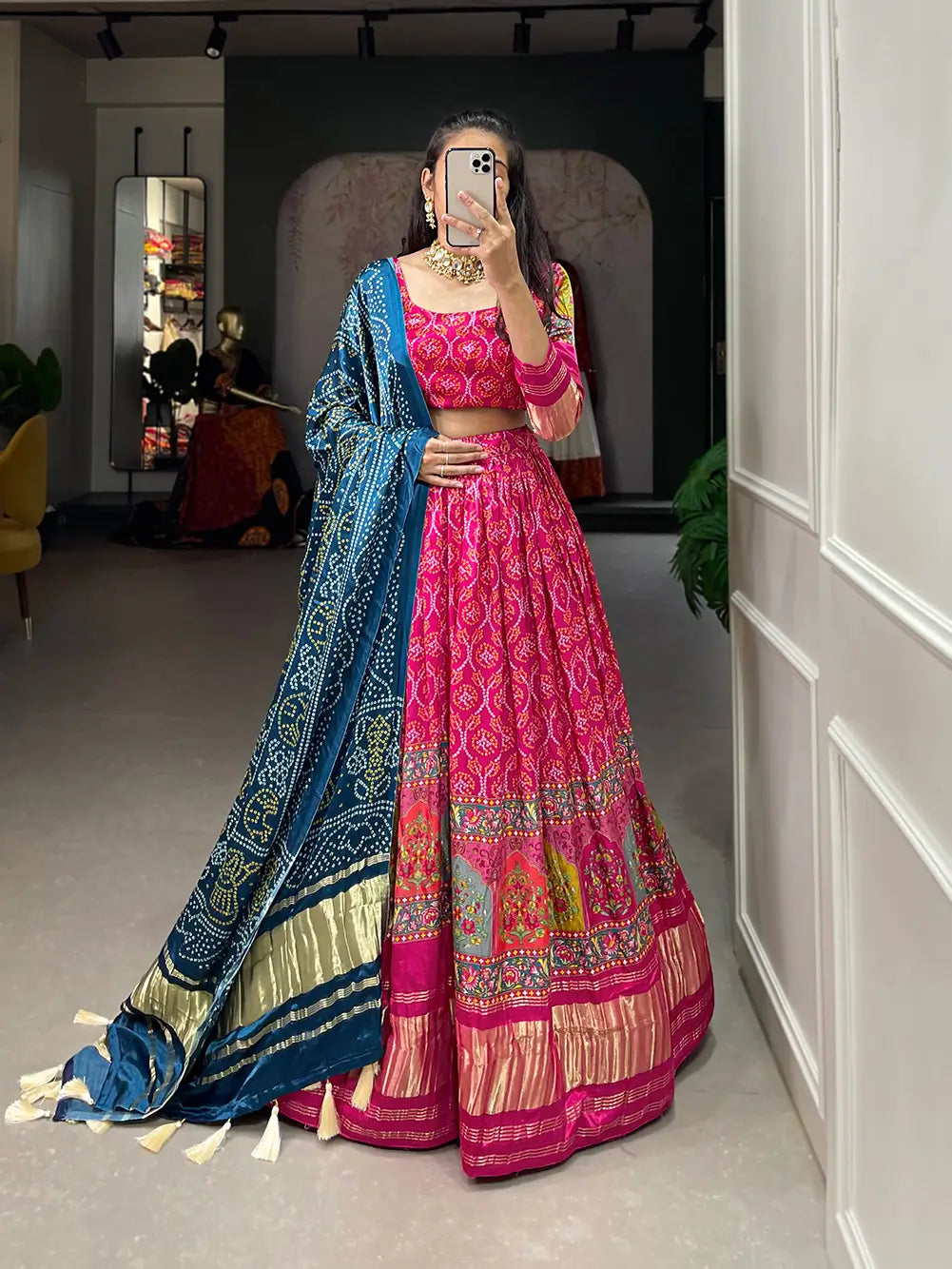 Dark Pink Traditionally Printed Gaji Silk Lehenga Choli | Ready To Wear - qivii