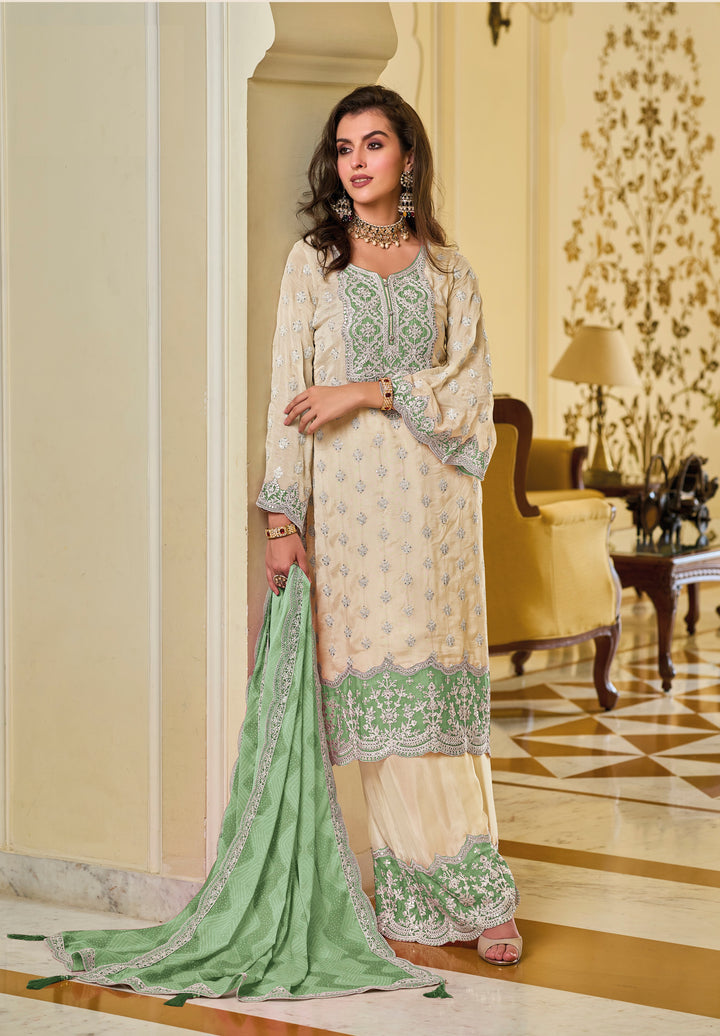 Green Heavy Chinon with  emboidery work Digital print Palazo Suit