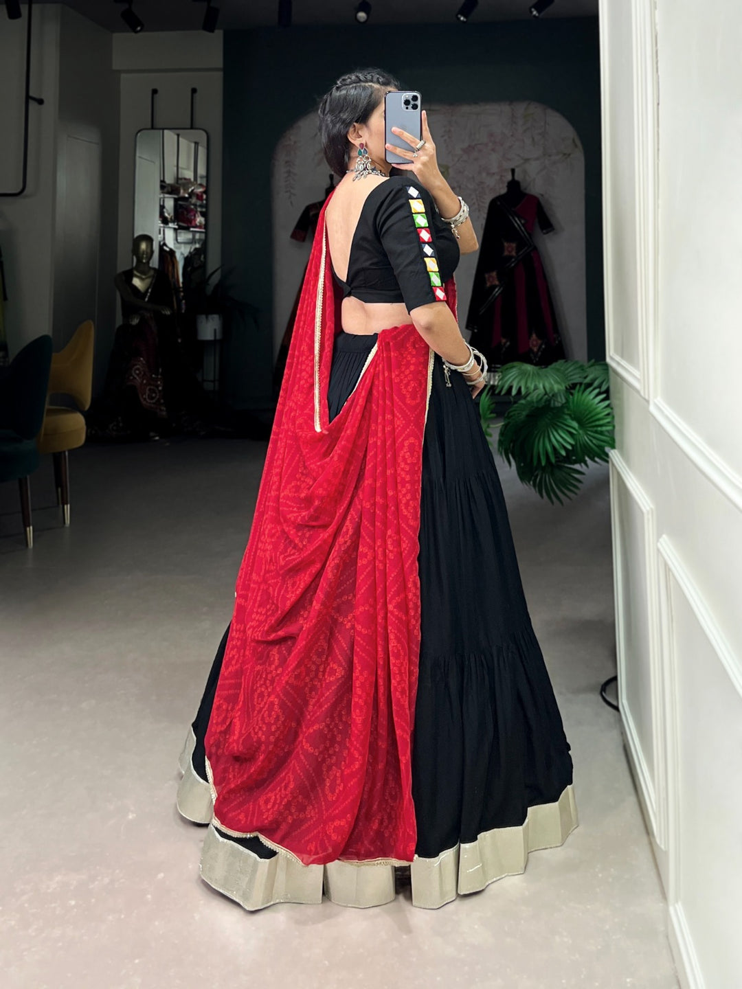 Black Color Pure Rayon Plain With Embossed Design Gota Lace Border Lehenga