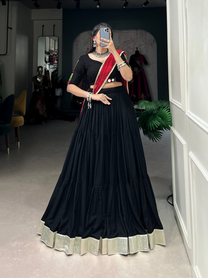 Black Color Pure Rayon Plain With Embossed Design Gota Lace Border Lehenga