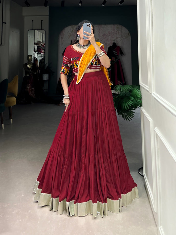 Maroon Color Pure Rayon Plain With Embossed Design Gota Lace Border Lehenga