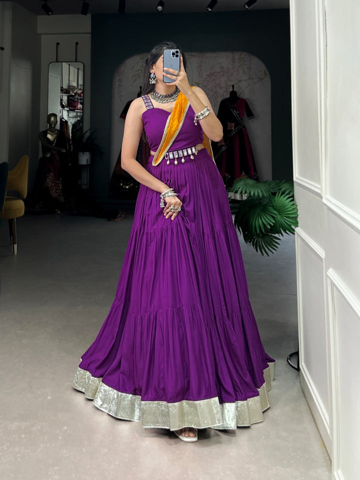 Purple Color Pure Rayon Plain With Embossed Design Gota Lace Border Lehenga