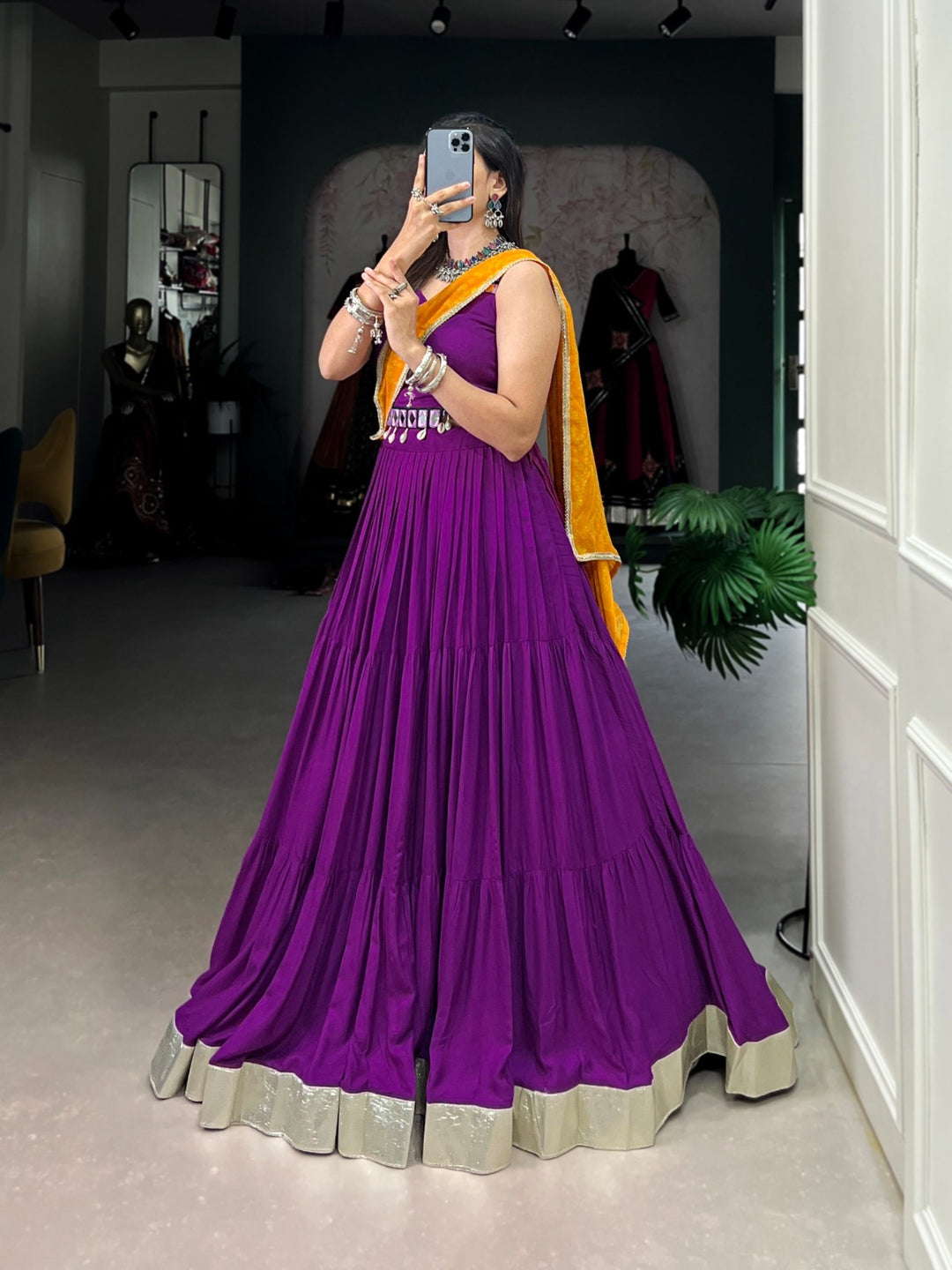 Purple Color Pure Rayon Plain With Embossed Design Gota Lace Border Lehenga