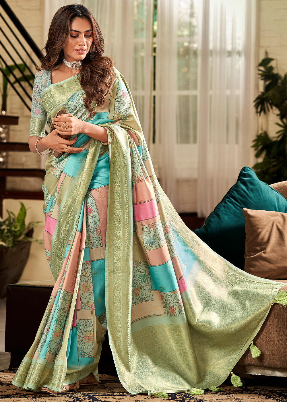 Handloom silk saree featuring a vibrant multi-color watercolor digital print with a green zari border