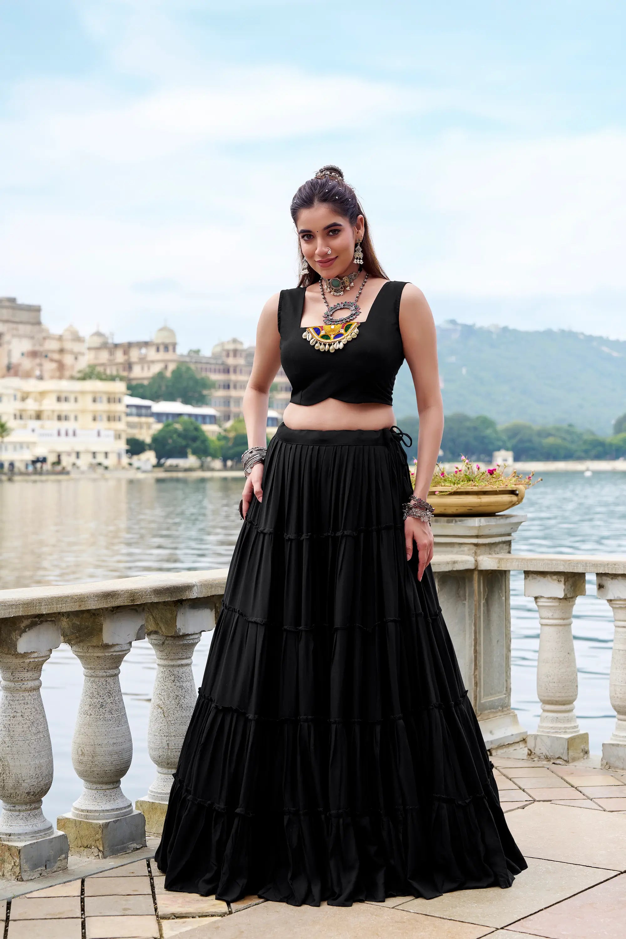 Black Rayon Gamthi Work Navratri Lehenga with Koti
