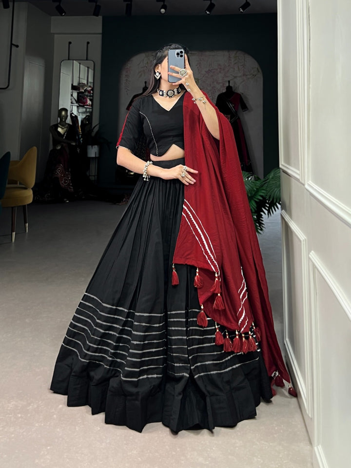 Black Polyester Viscose Chanderi Plain With Gota Patti Lace Touch Up Lehenga Choli