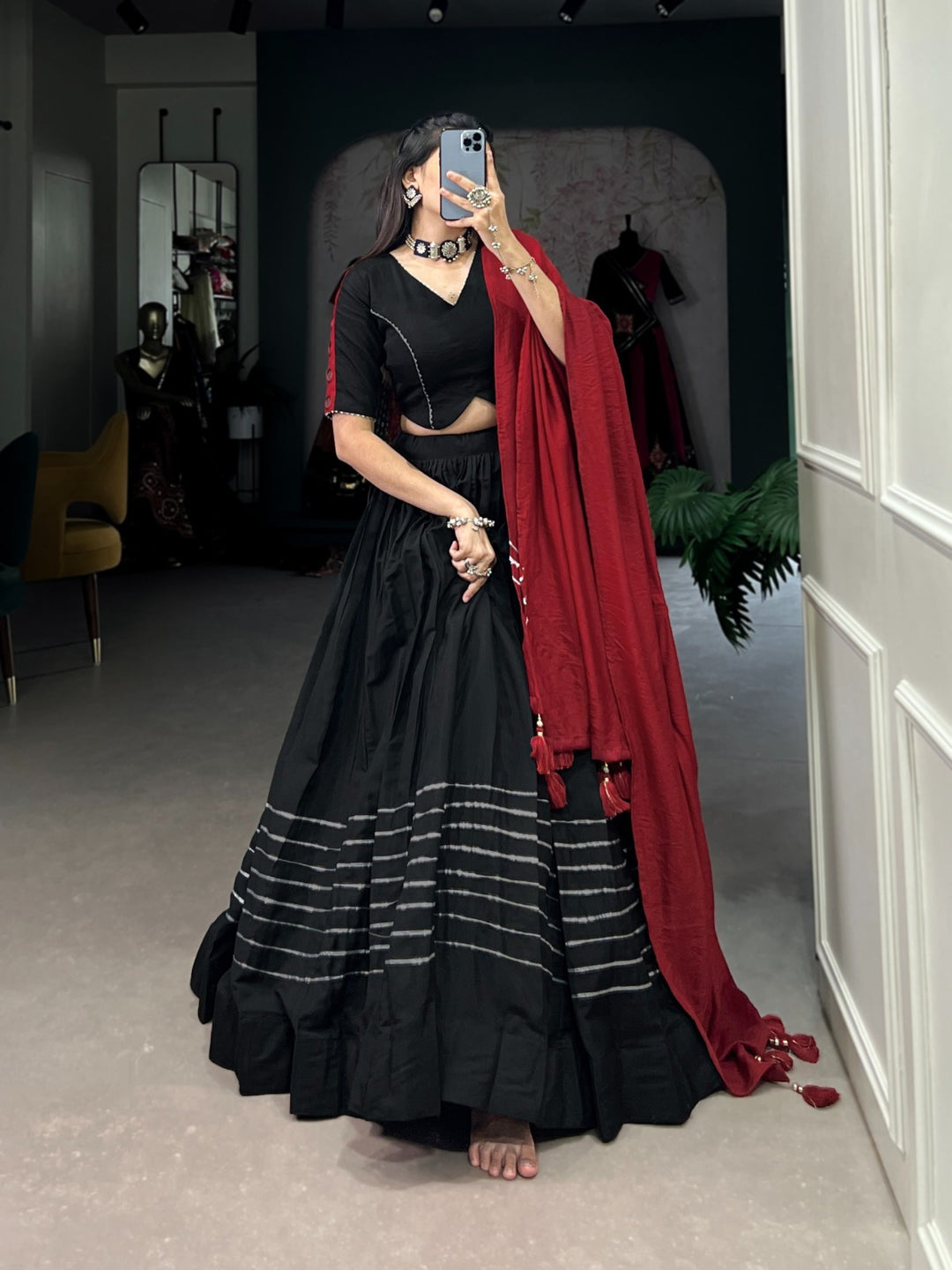 Black Polyester Viscose Chanderi Plain With Gota Patti Lace Touch Up Lehenga Choli