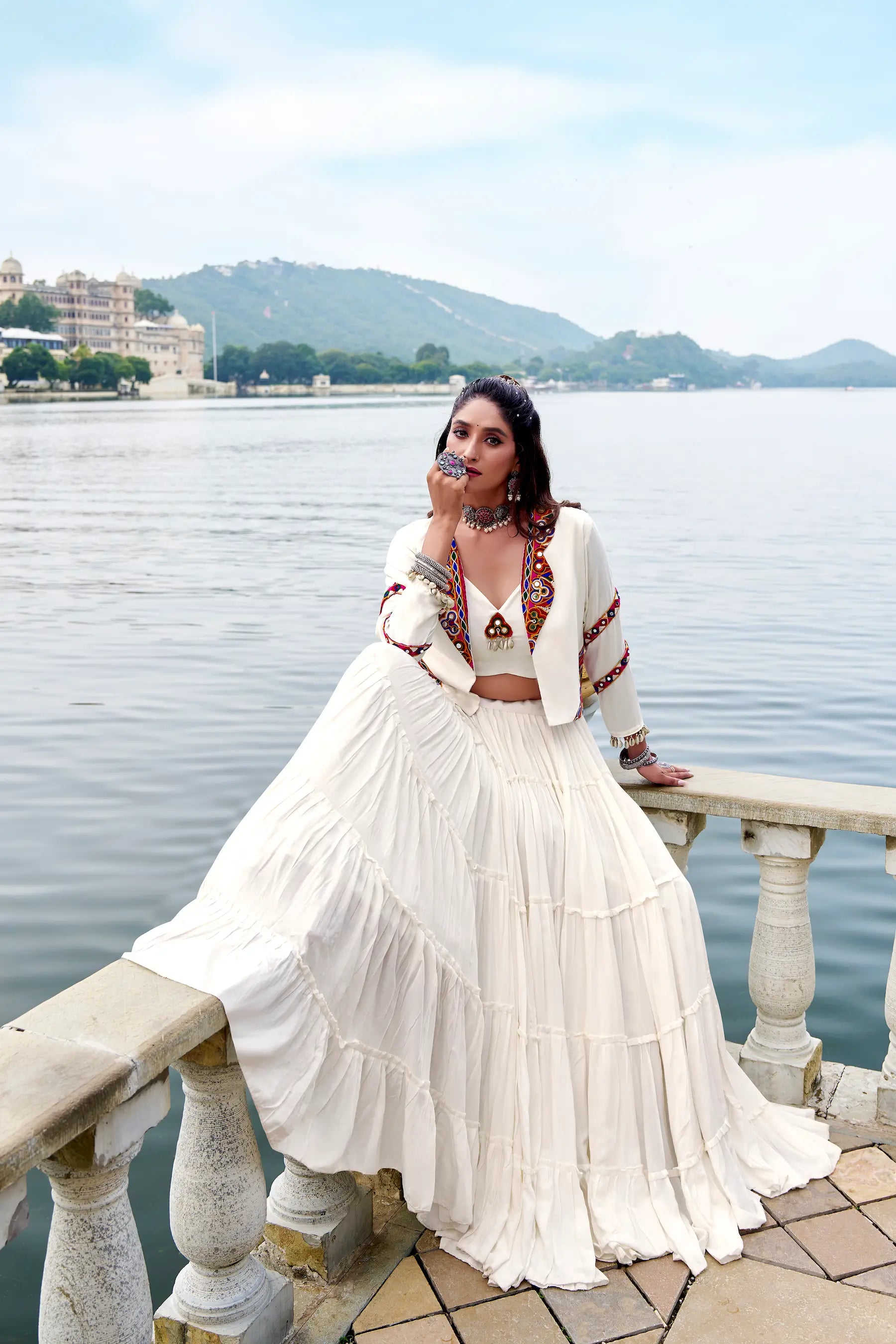 White Rayon Gamthi Work Navratri Lehenga with Koti