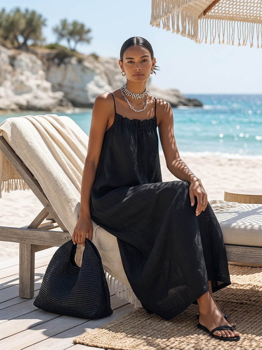 Women's Minimalist Solid Black Ruffle-Neck Maxi Dress With Spaghetti Straps MDZ1738F1ZRK