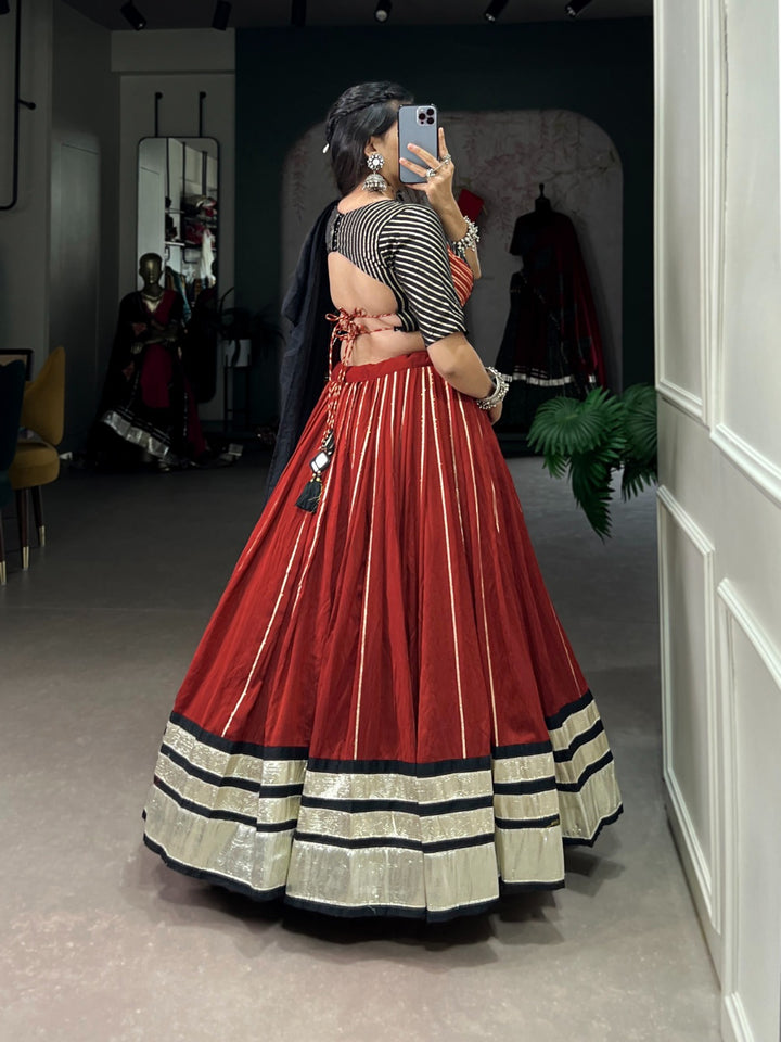 Maroon Chanderi Plain With Zari Line Gota Patti And Embossed Design Lace Touch Up Lehenga