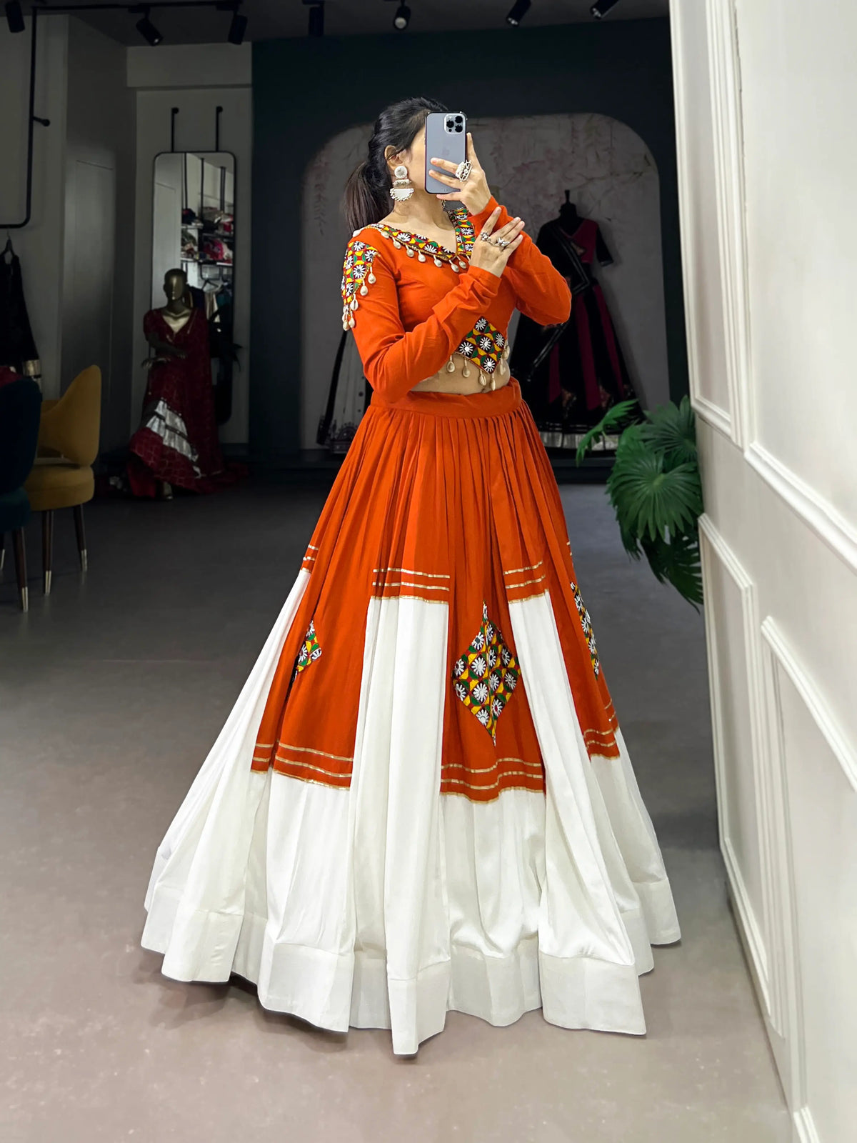 6 Meter Flair | Orange White Rayon Navratri Lehenga Choli With Gamthi Work