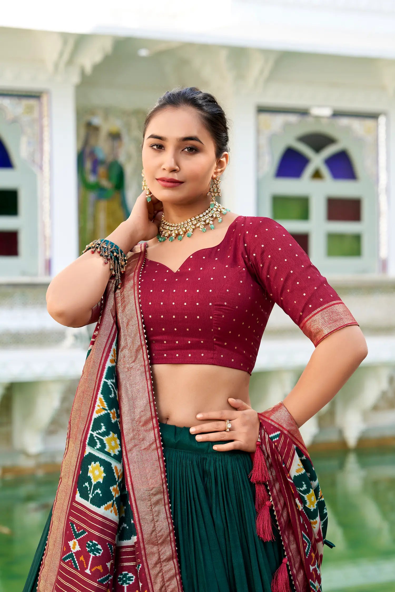 Green Tussar Silk Lehenga Choli With Patola Print And Foil Work | Ready To Wear - qivii