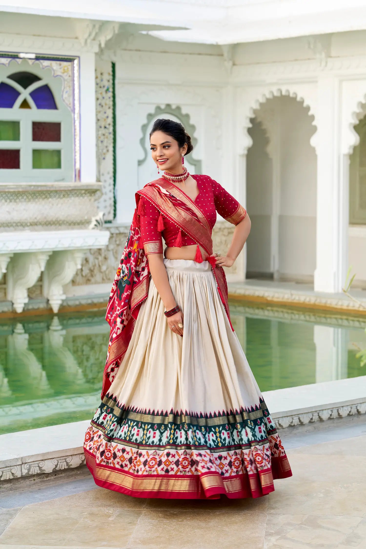 Beige Tussar Silk Lehenga Choli With Patola Print And Foil Work | Ready To Wear - qivii
