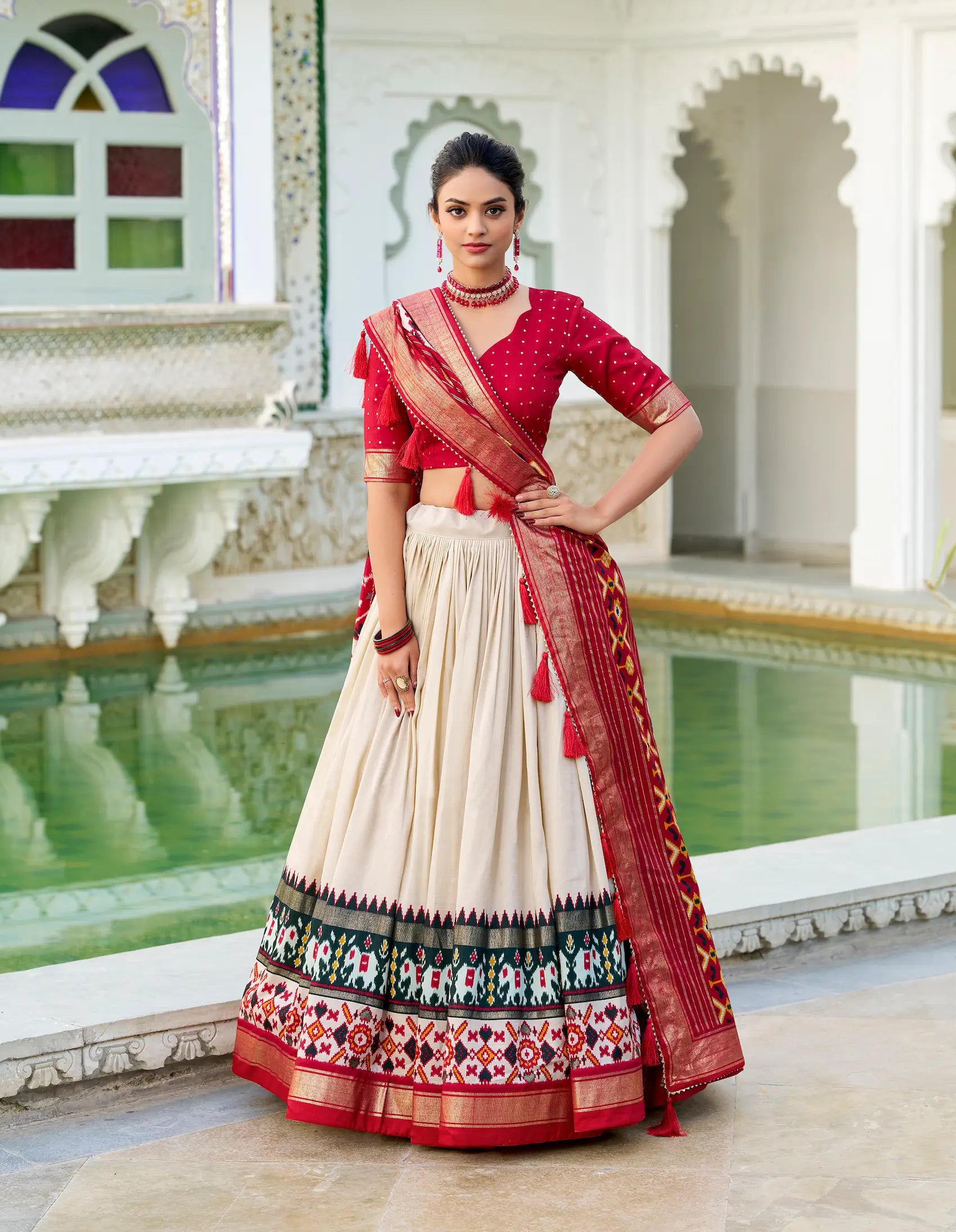 Beige Tussar Silk Lehenga Choli With Patola Print And Foil Work | Ready To Wear - qivii