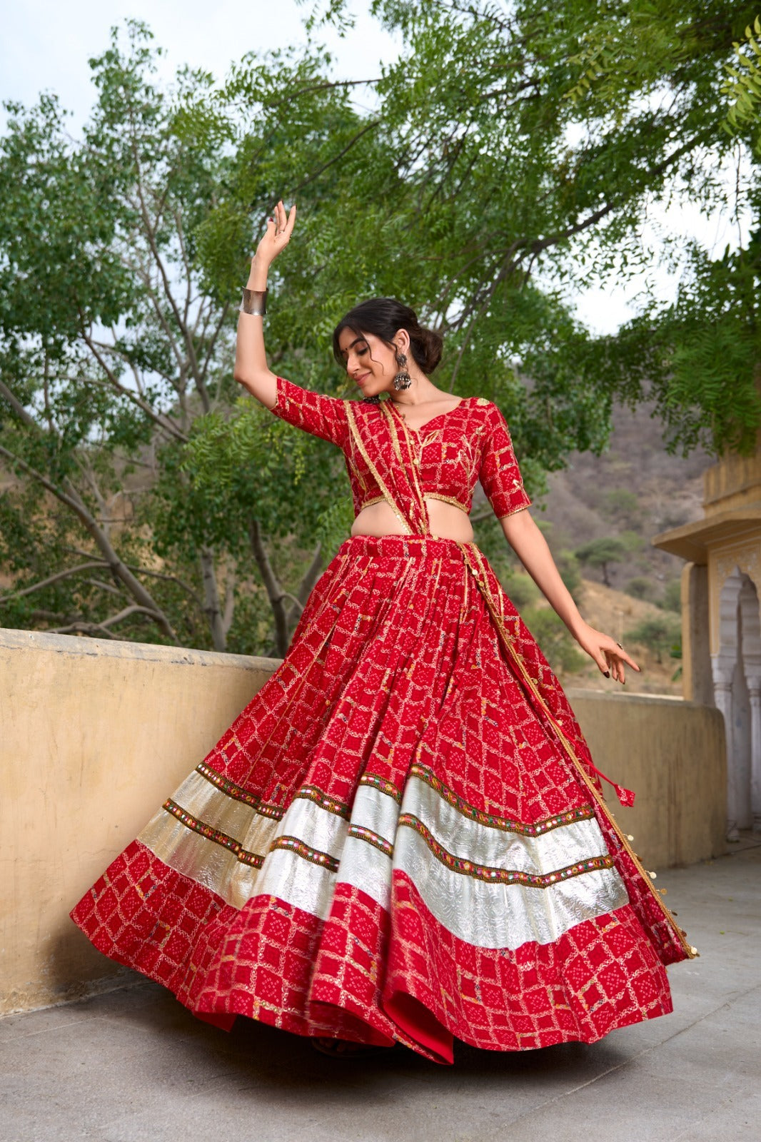 Red Pure Rayon Foil Printed With Gota Patti And Paper Mirror Work Lace Touch Up Lehenga