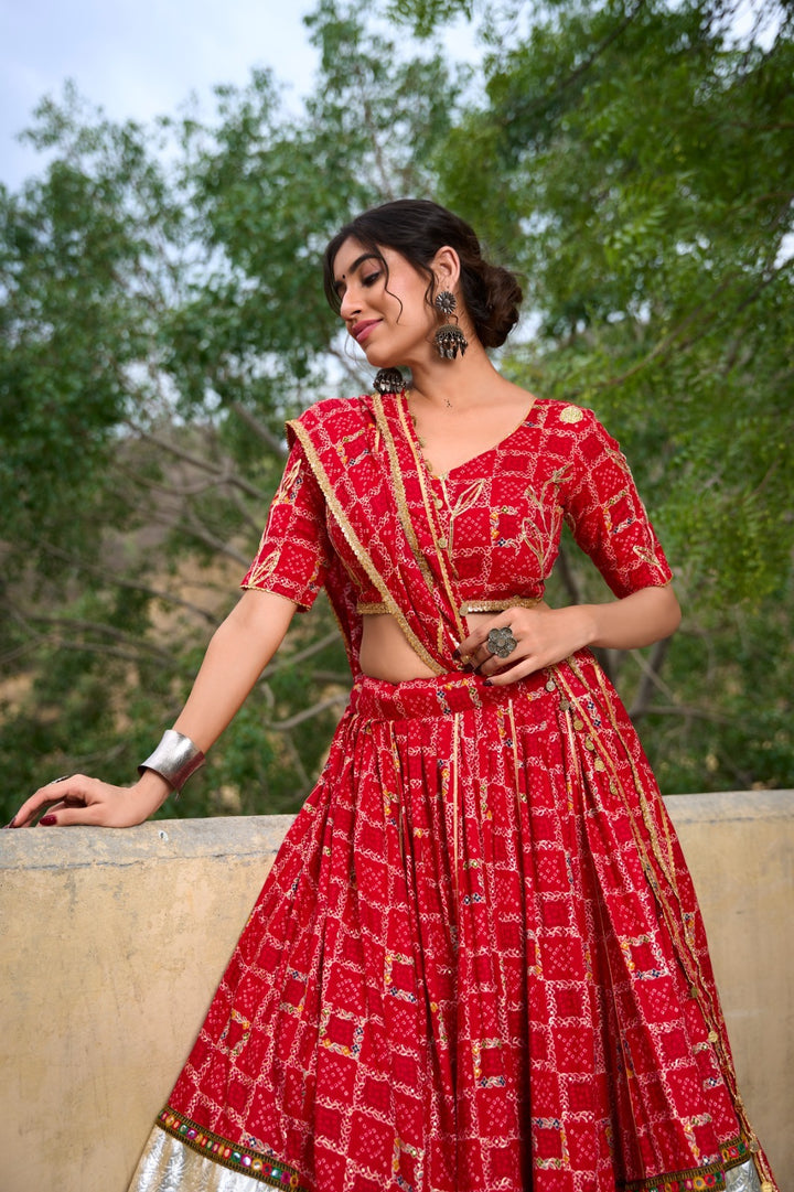 Red Pure Rayon Foil Printed With Gota Patti And Paper Mirror Work Lace Touch Up Lehenga