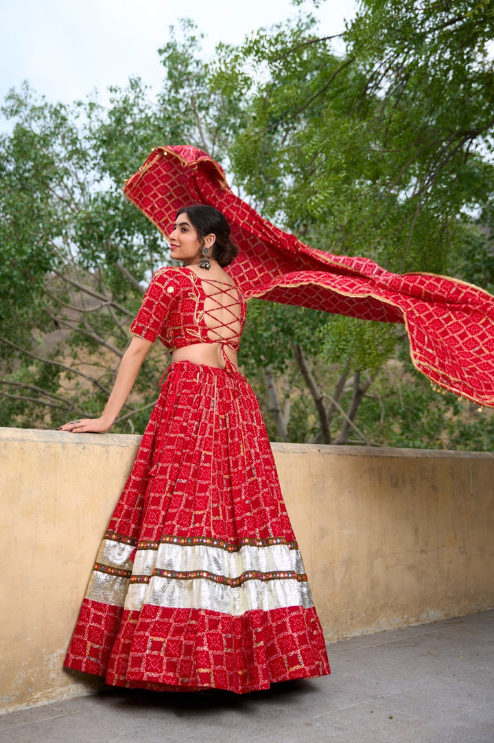 Red Pure Rayon Foil Printed With Gota Patti And Paper Mirror Work Lace Touch Up Lehenga