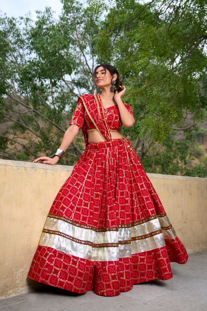 Red Pure Rayon Foil Printed With Gota Patti And Paper Mirror Work Lace Touch Up Lehenga