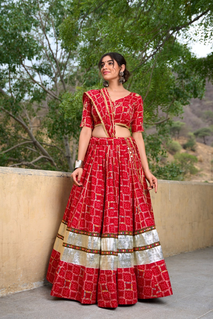 Red Pure Rayon Foil Printed With Gota Patti And Paper Mirror Work Lace Touch Up Lehenga