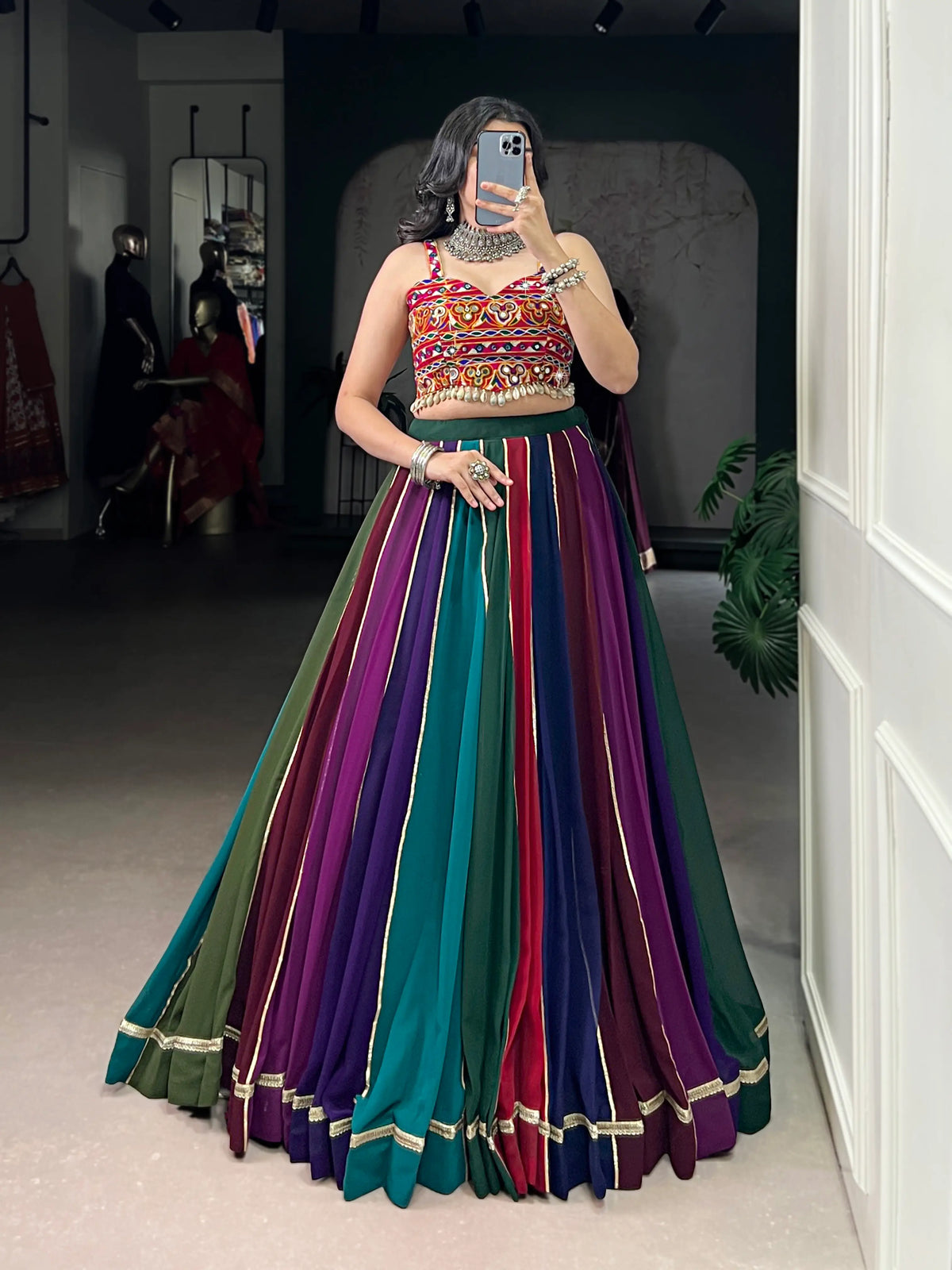 8 Meter Flair | Multicolor Georgette Navratri Lehenga With Gamthi & Mirror Work