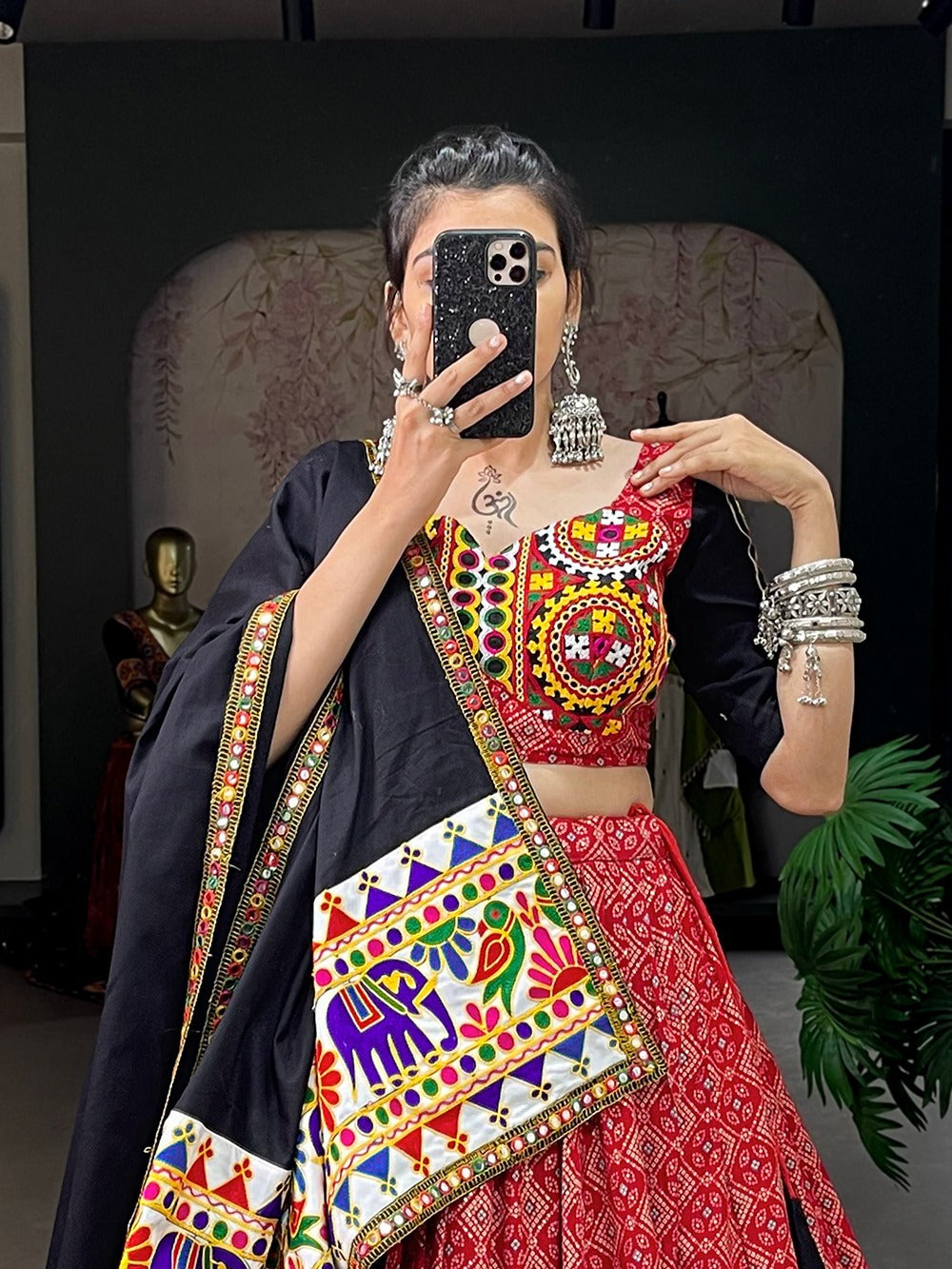 Red Color Pure Cotton Printed And Gamthi work With Mirror work Lehenga