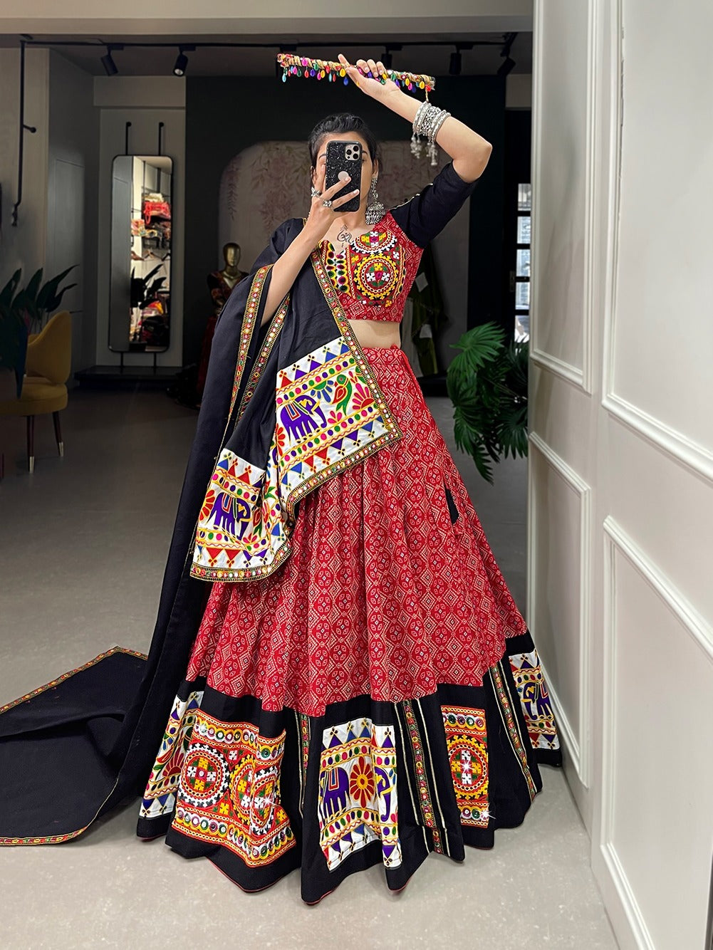 Red Color Pure Cotton Printed And Gamthi work With Mirror work Lehenga