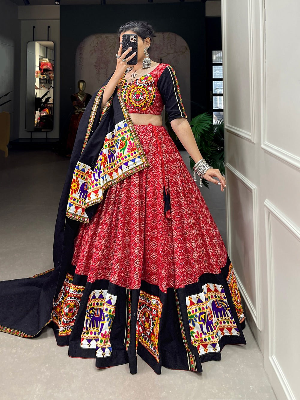 Red Color Pure Cotton Printed And Gamthi work With Mirror work Lehenga